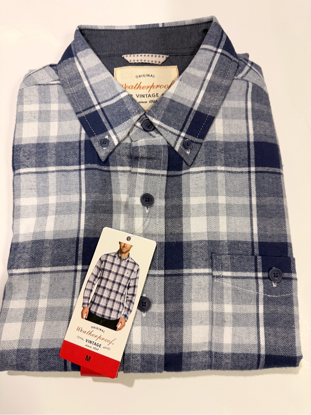 Weatherproof Men’s Navy and White Plaid Button-Down Shirt